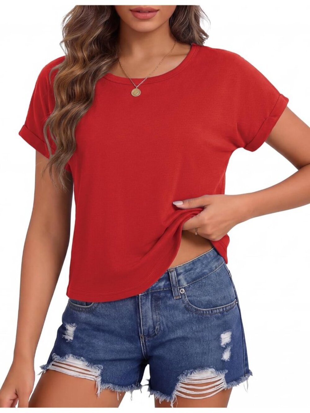 Women's Red Roll Short Sleeve Crewneck Loose Fit Boxy Pull On Crop Tops